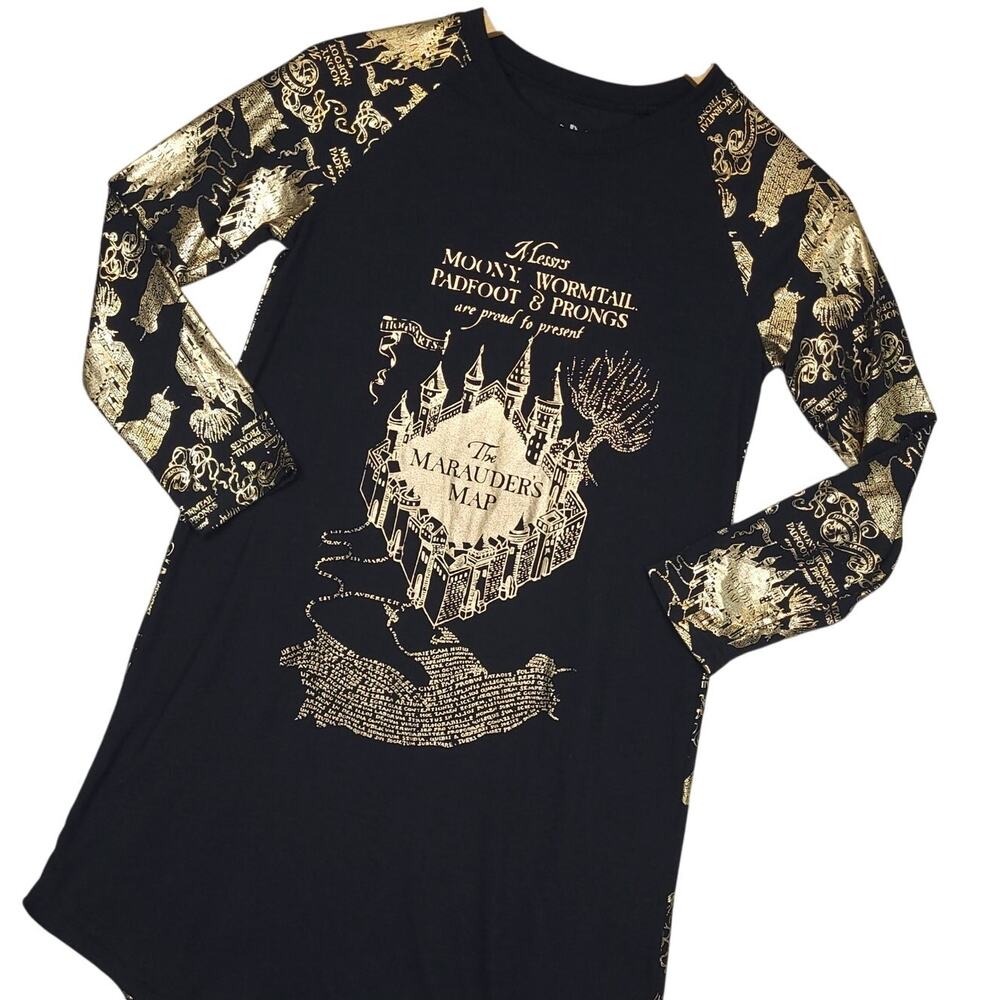Harry Potter Girls Marauders Map Nightshirt Sz 10/12 Pajama PJs Black & Gold